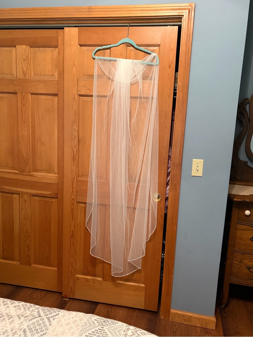 Sheer White Bridal pearl crystal hand edged  Beaded veil. - Never Worn